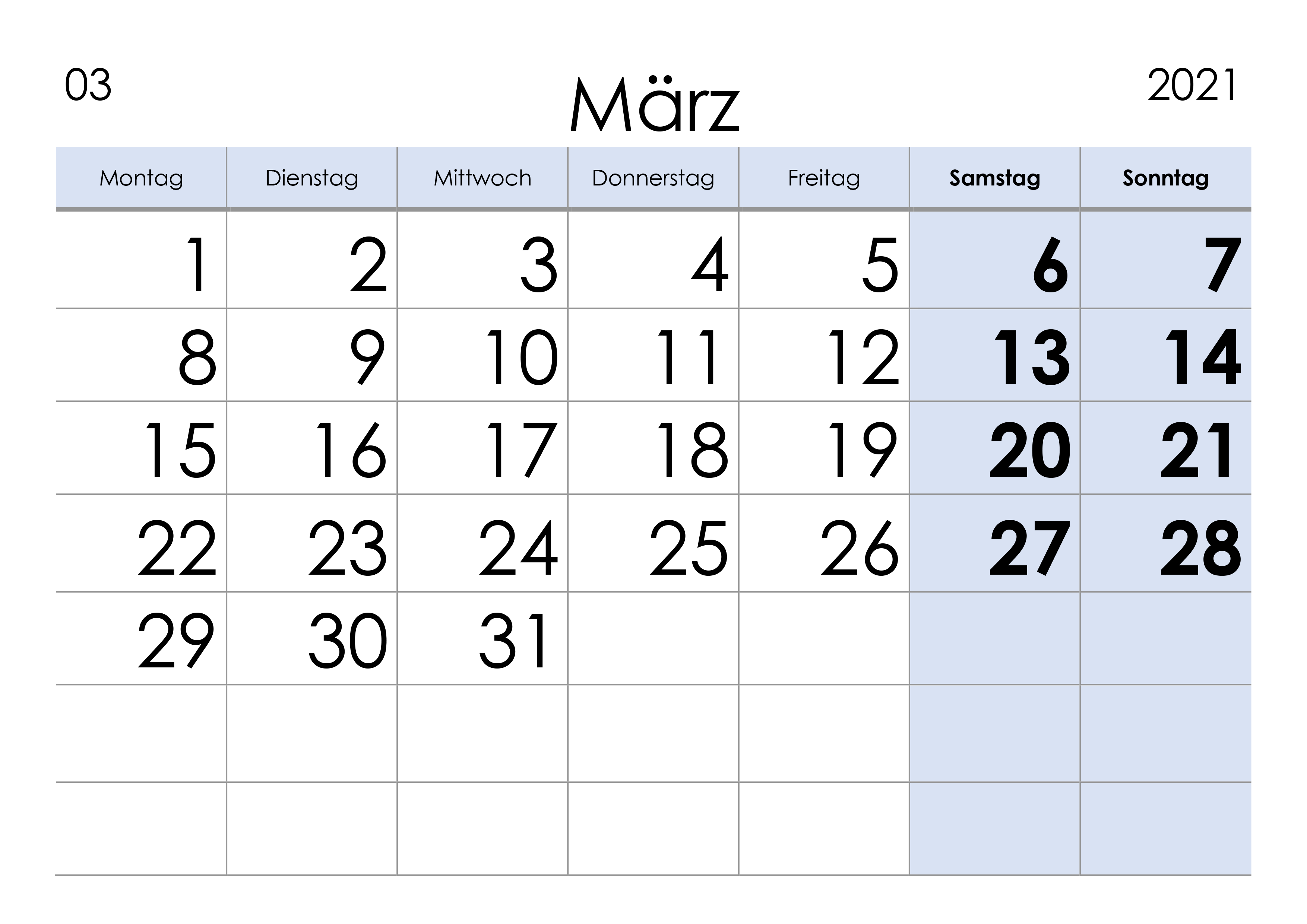 Kalender März 2021 grosse Ziffern im Querformat - kalender.su
