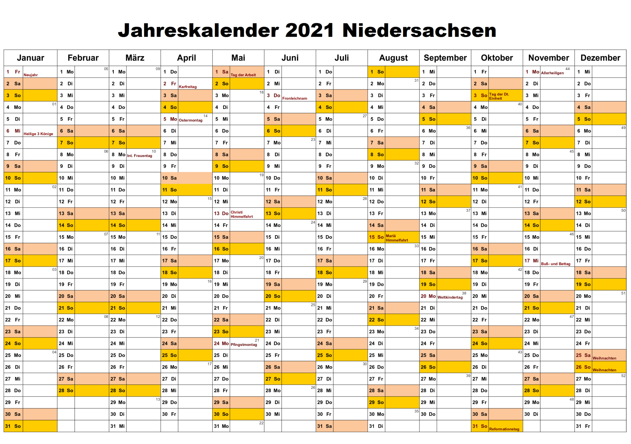Jahreskalender 2021 Niedersachsen PDF | The Beste Kalender