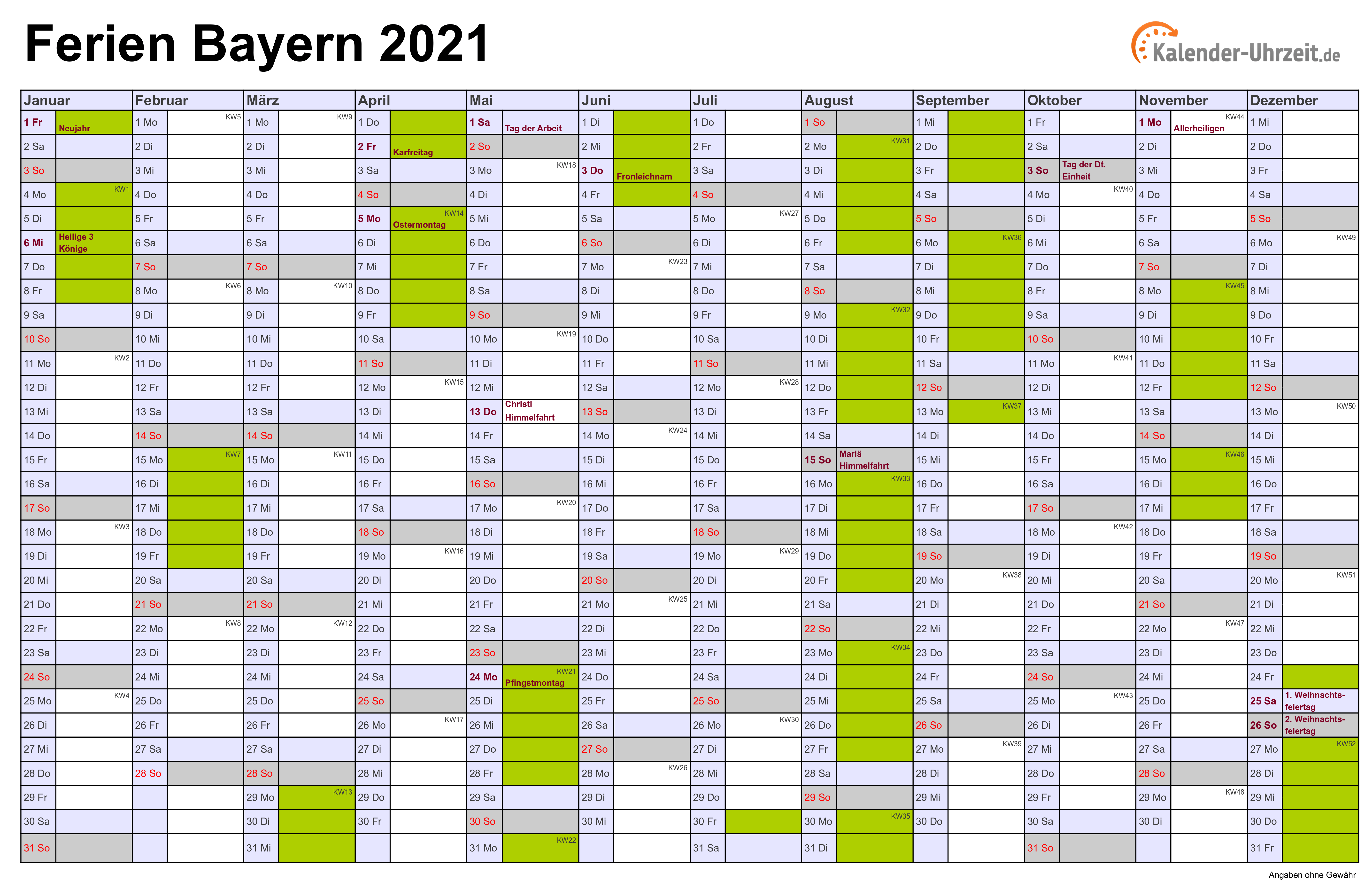 Ferien Bayern 2021 - Ferienkalender zum Ausdrucken