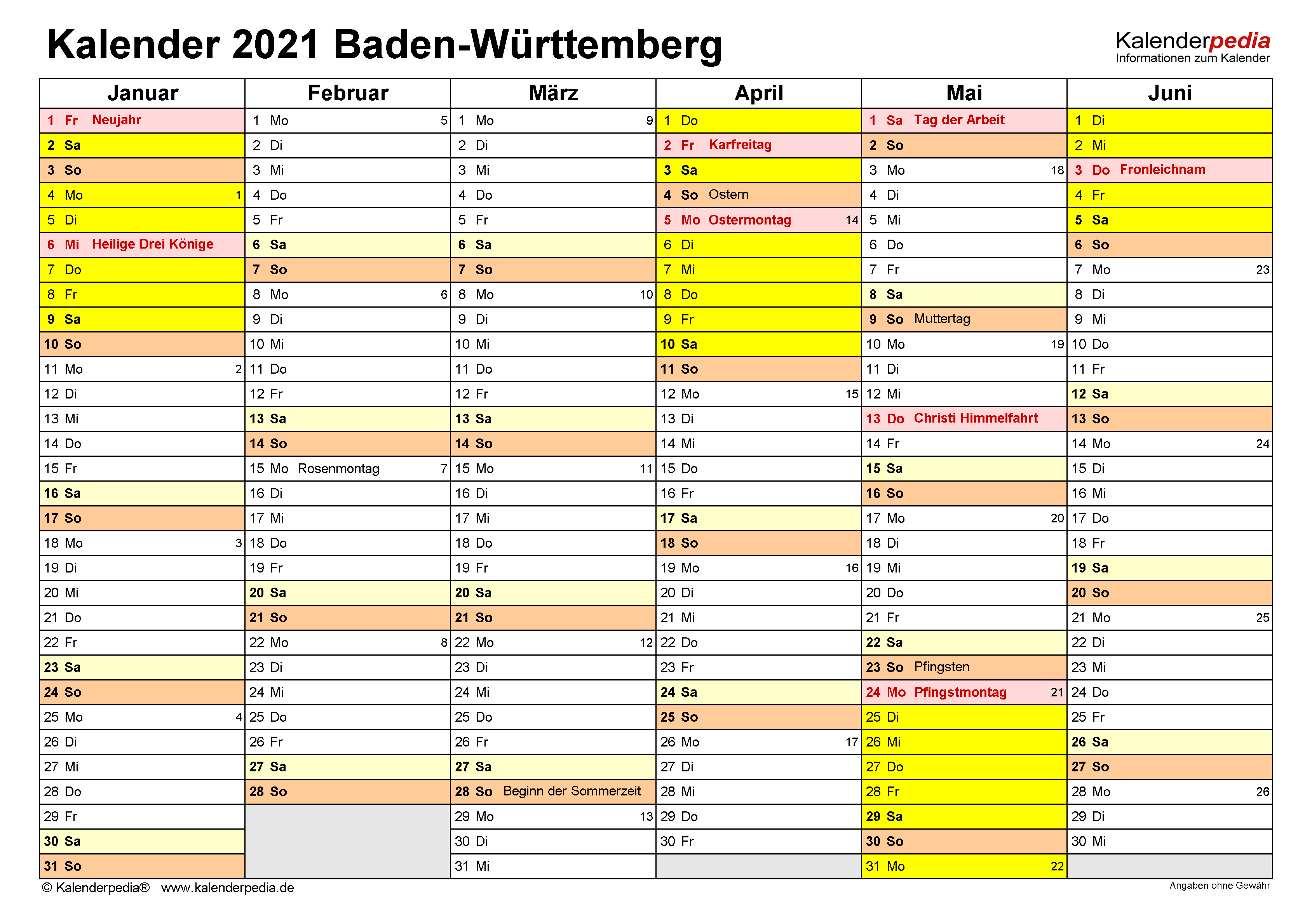 Kalender 2021 Baden-Württemberg: Ferien, Feiertage, Excel ...