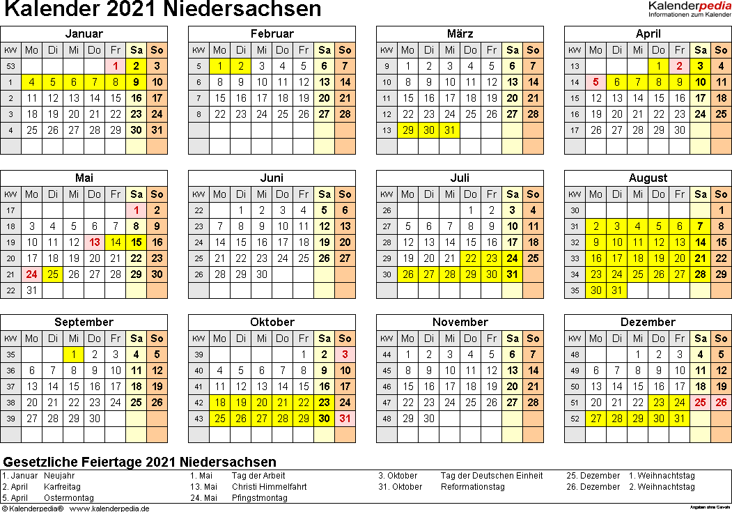 Kalender 2021 Niedersachsen: Ferien, Feiertage, Excel-Vorlagen