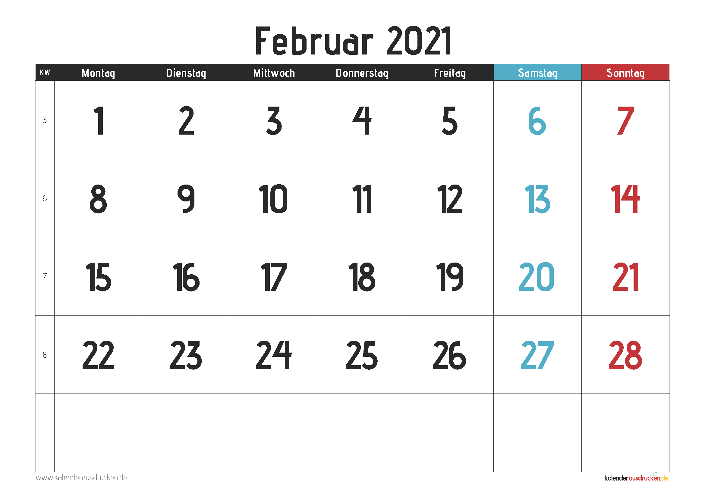 Monatskalender Februar 2021 Zum Ausdrucken Kostenlos ...