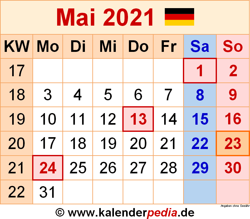 Kalender Mai 2021 als PDF-Vorlagen