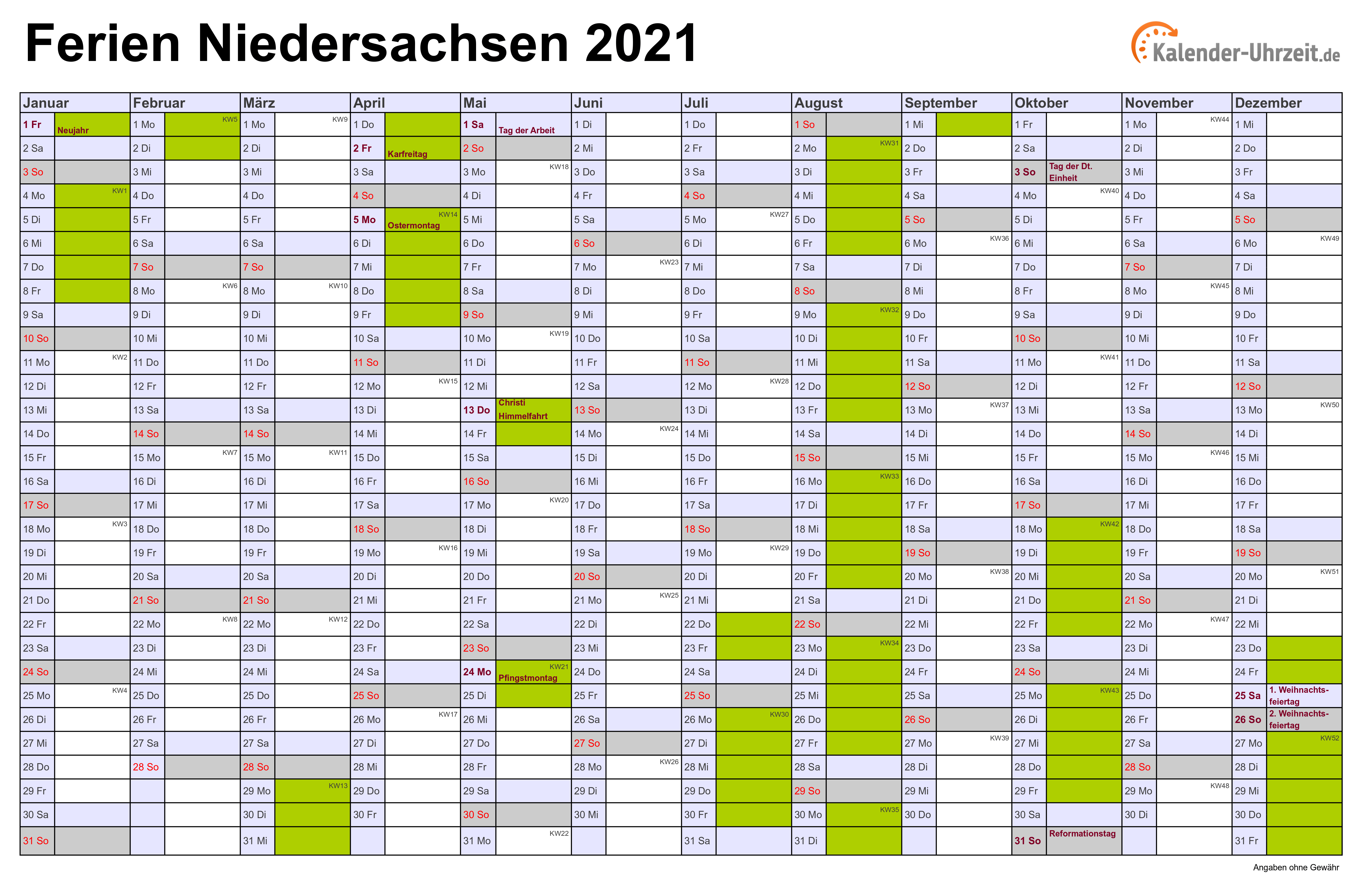 Ferien Niedersachsen 2021 - Ferienkalender zum Ausdrucken