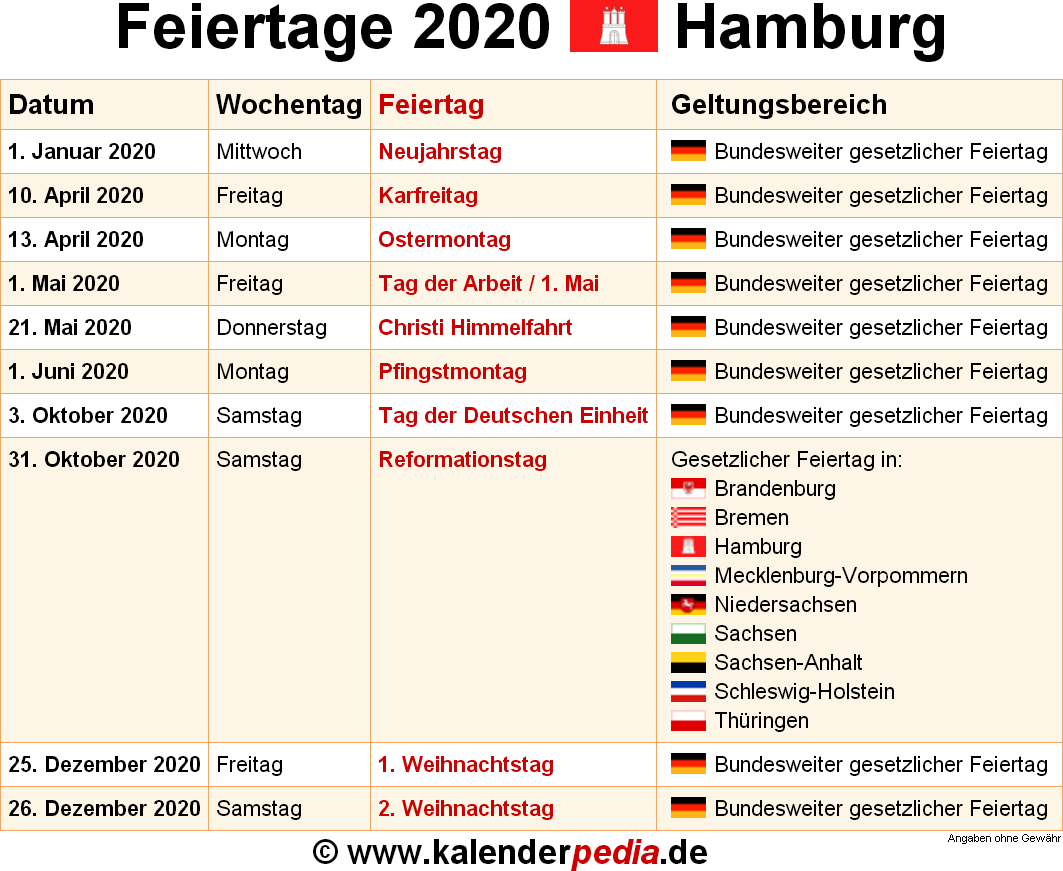 Feiertage Hamburg 2021, 2022 & 2023 (mit Druckvorlagen)