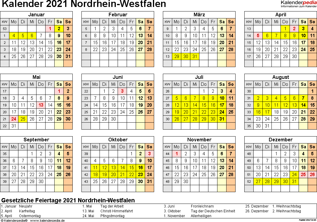 Kalender 2021 NRW: Ferien, Feiertage, Excel-Vorlagen