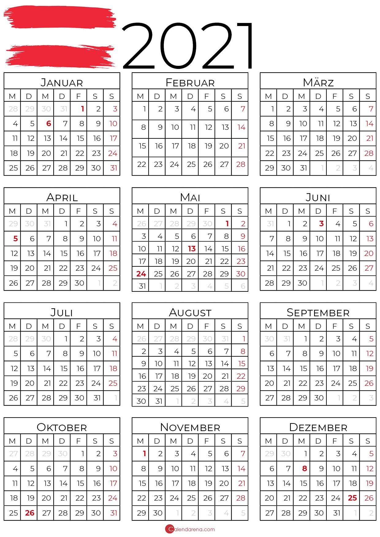 Kalender 2021 Österreich zum Ausdrucken als PDF - Calendarena