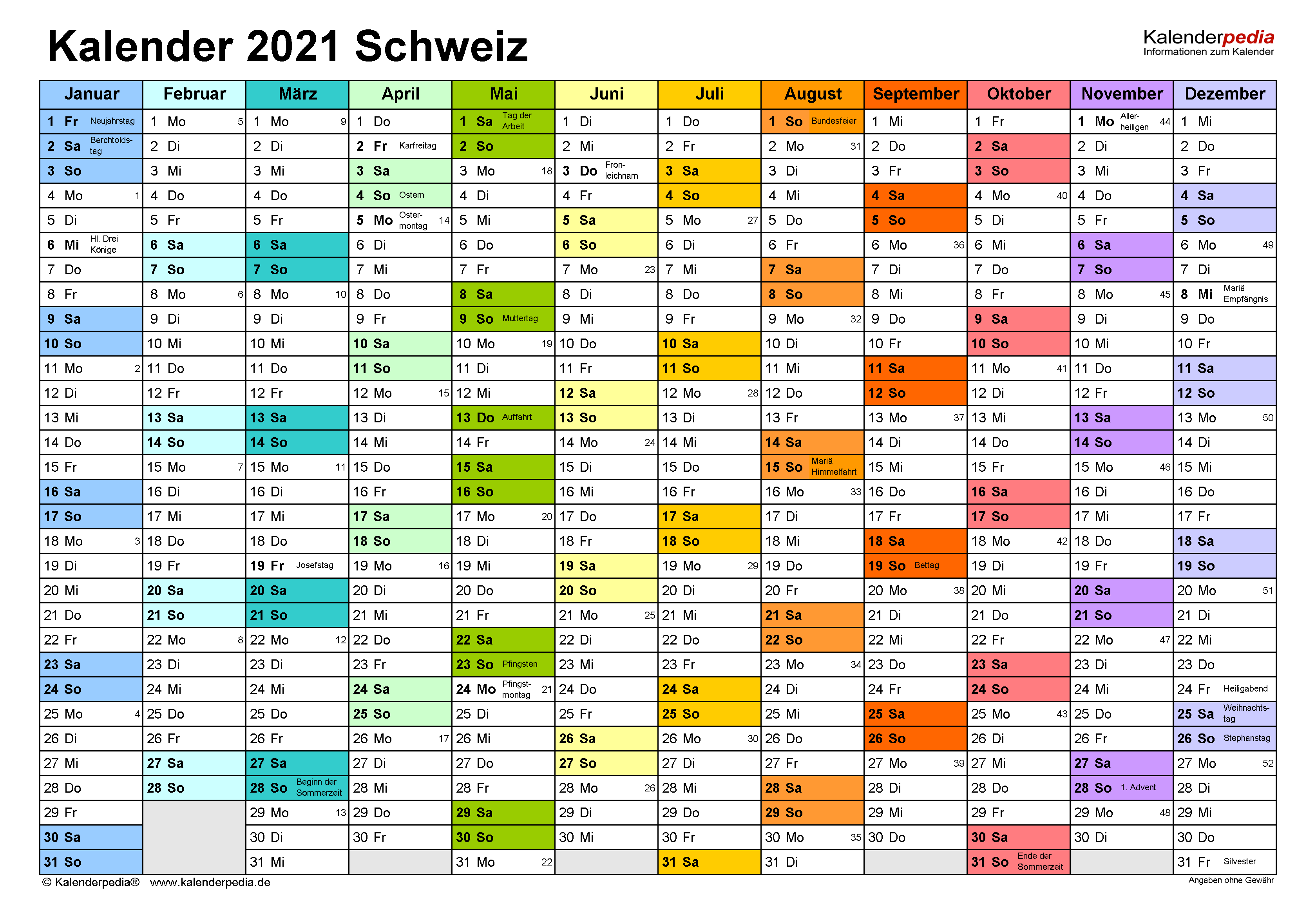 Kalender 2021 Schweiz zum Ausdrucken als PDF