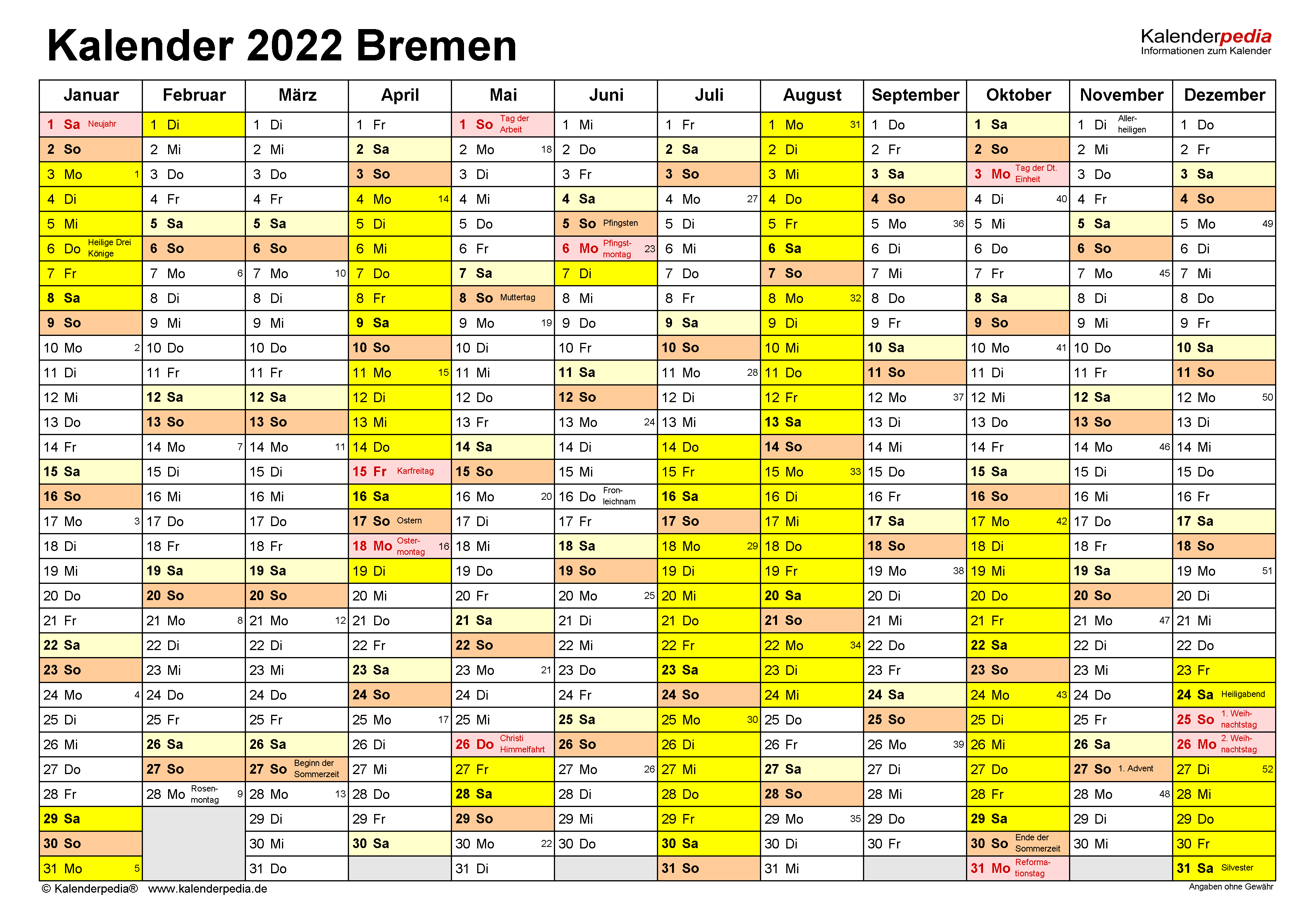 Kalender 2022 Bremen: Ferien, Feiertage, PDF-Vorlagen