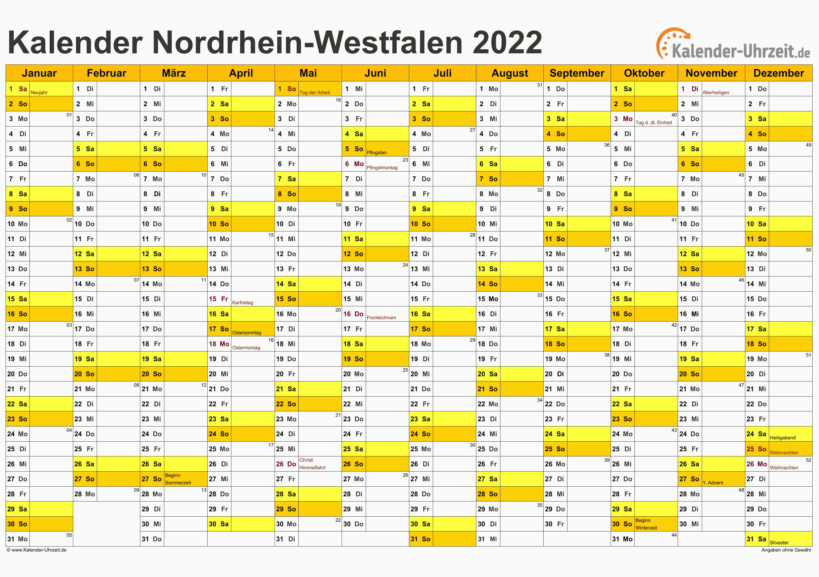 Feiertage 2022 Nordrhein-Westfalen + Kalender