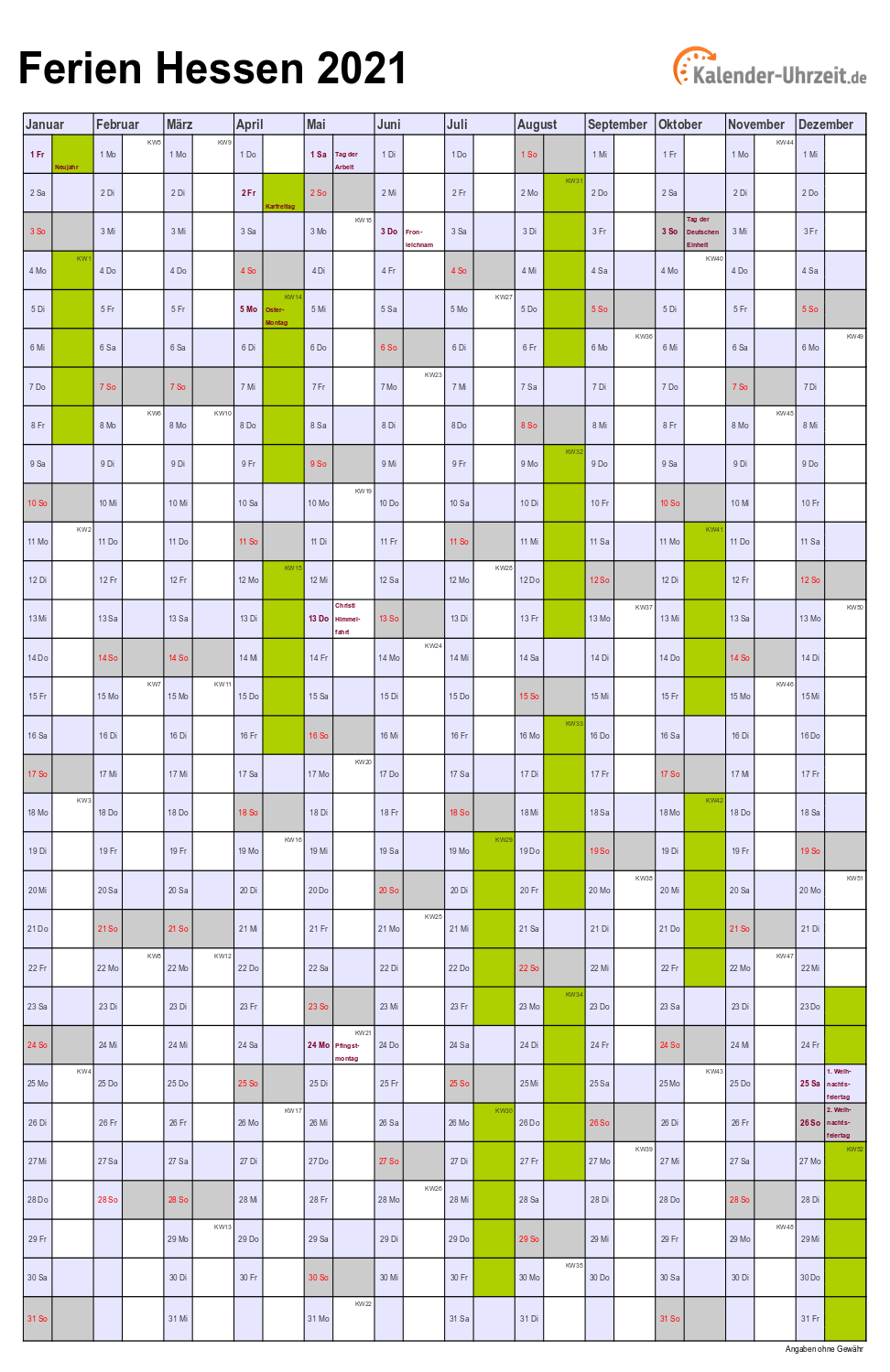 Ferien Hessen 2021 - Ferienkalender zum Ausdrucken