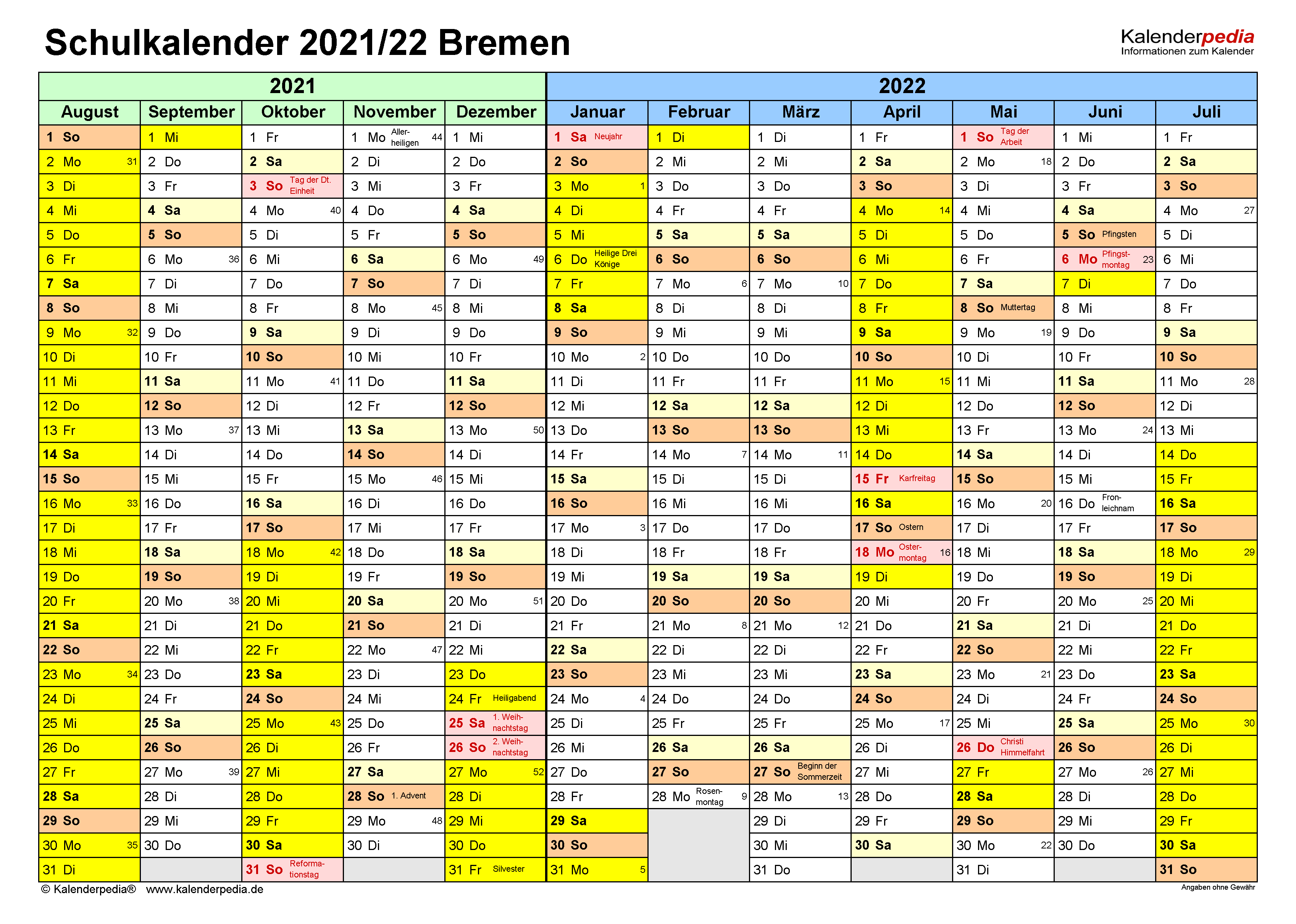 Schulkalender 2021/2022 Bremen für Excel