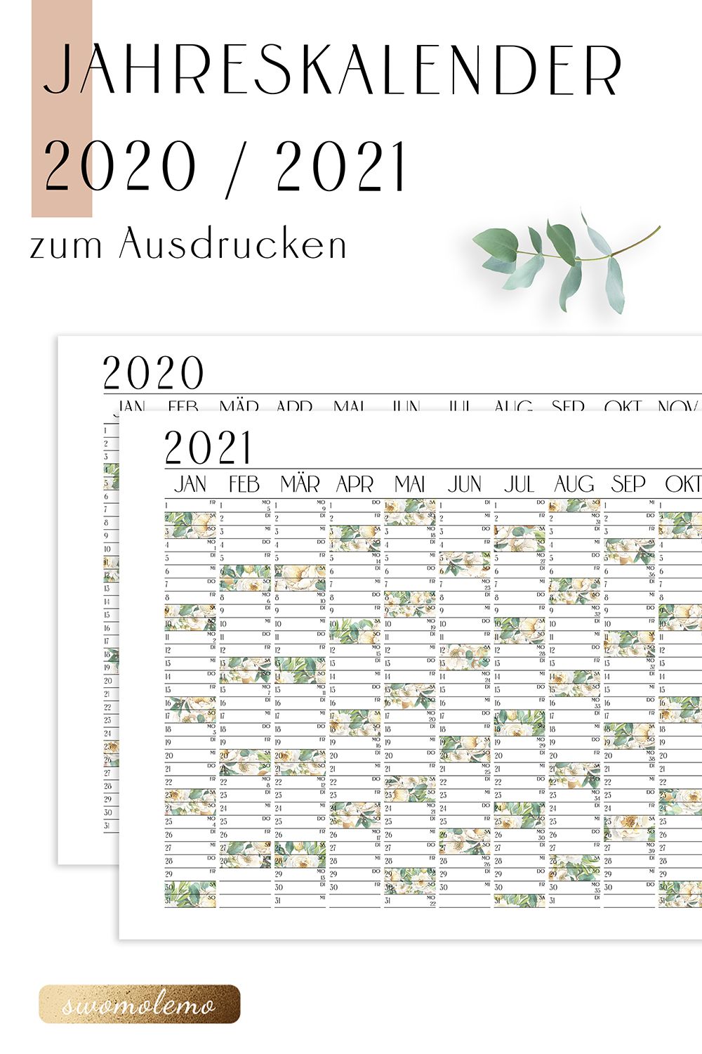 Jahresplaner 2020 / 2021 Kalender mit KW | Bloomy Green ...