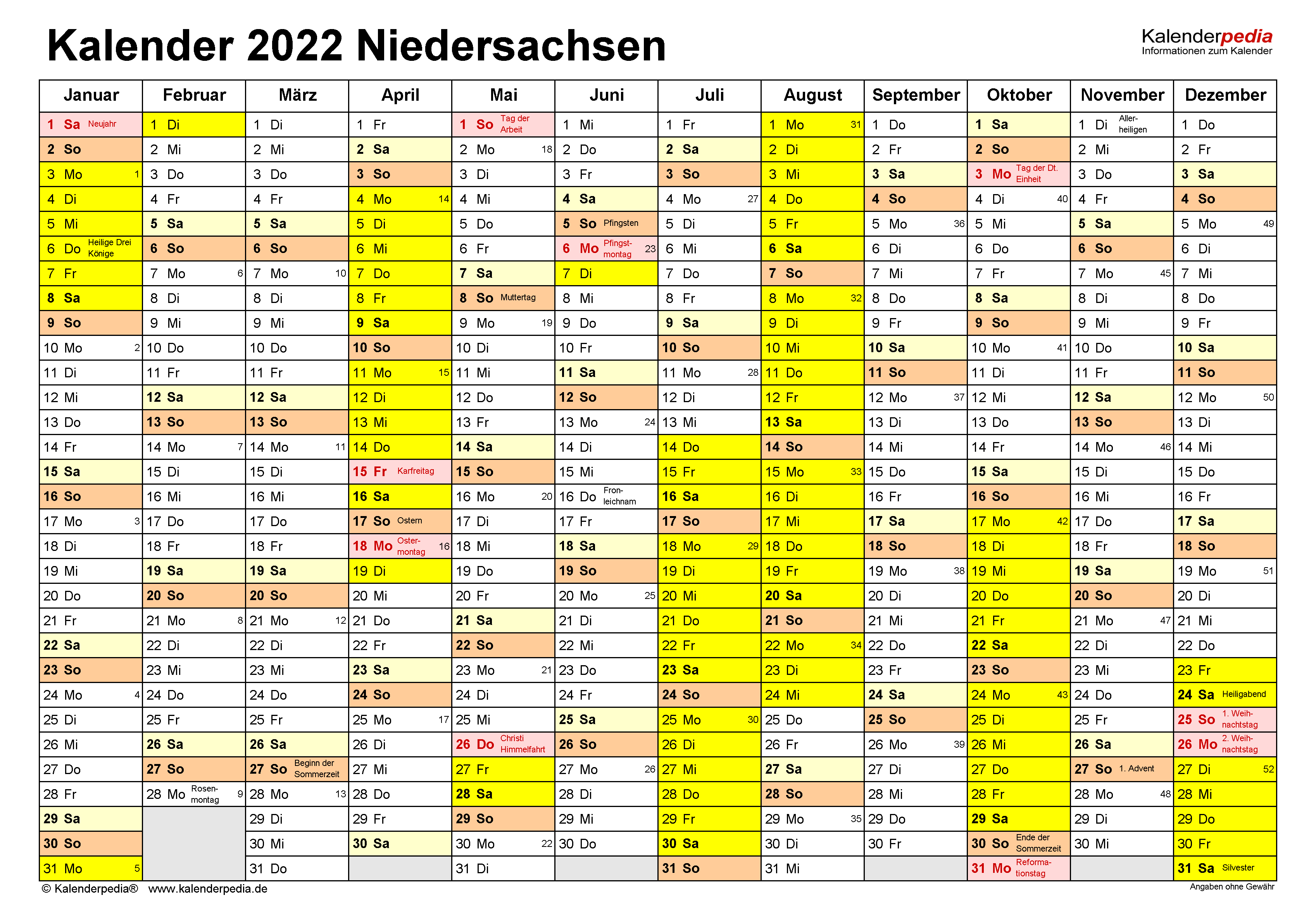 Kalender 2022 Niedersachsen: Ferien, Feiertage, Excel-Vorlagen