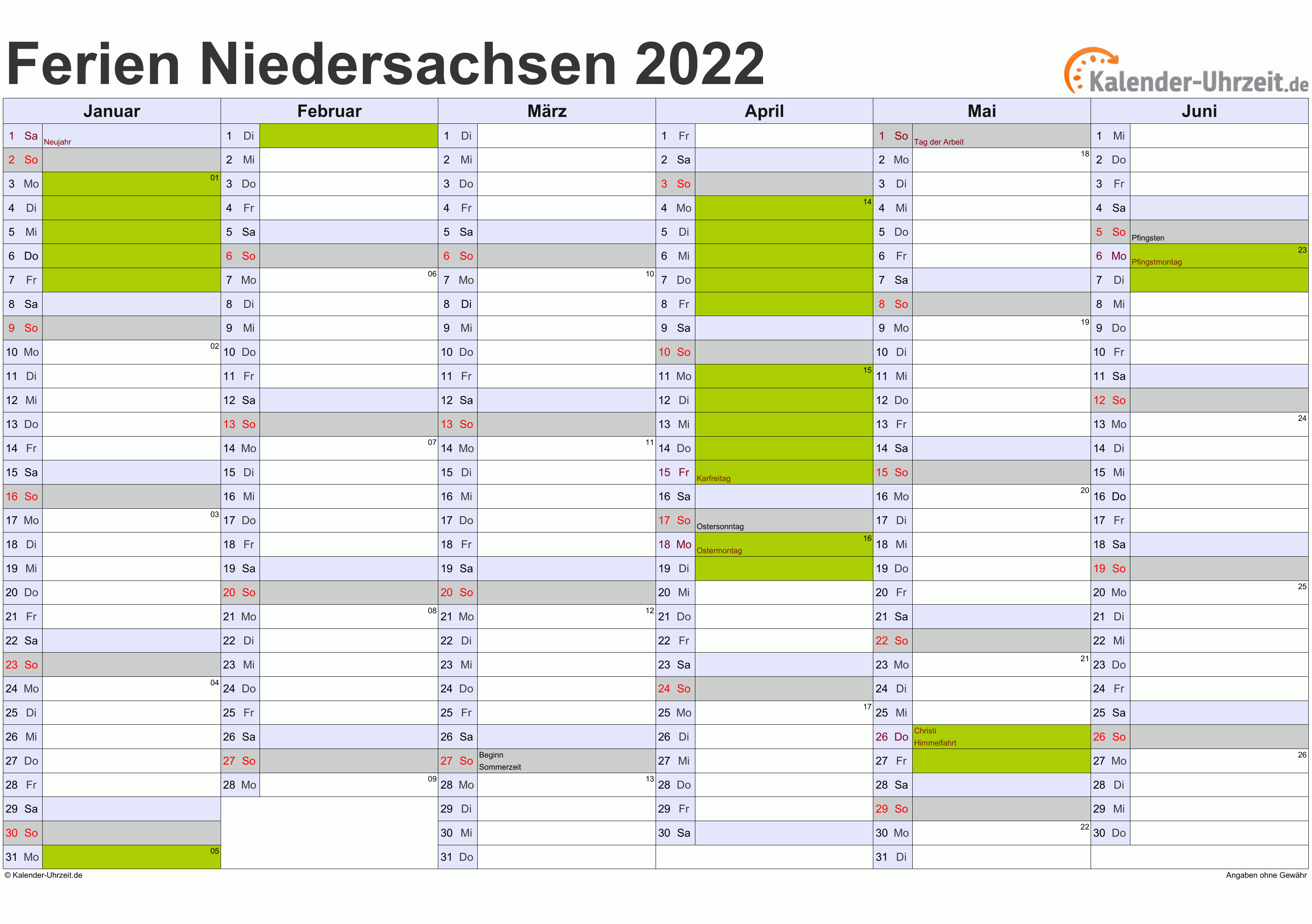 Ferien Niedersachsen 2022 - Ferienkalender zum Ausdrucken