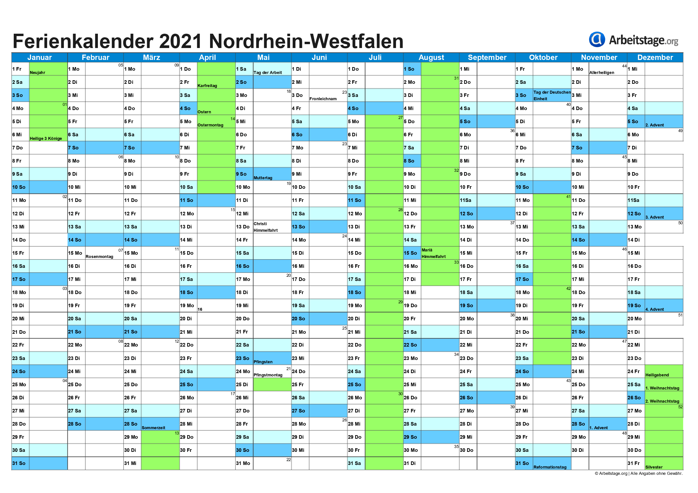 Ferien Nordrhein-Westfalen 2021, 2022