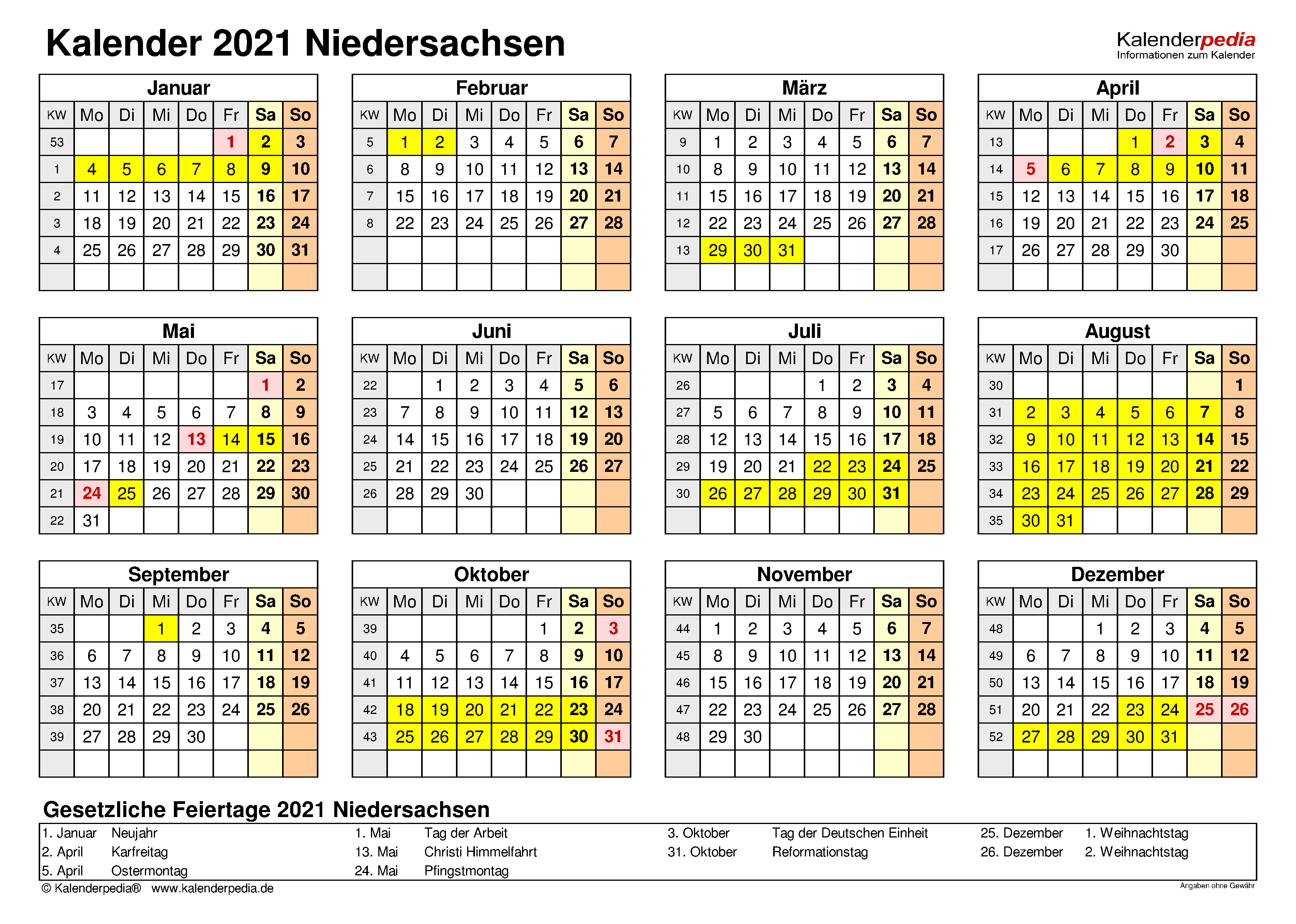 Kalender 2021 Niedersachsen: Ferien, Feiertage, PDF-Vorlagen