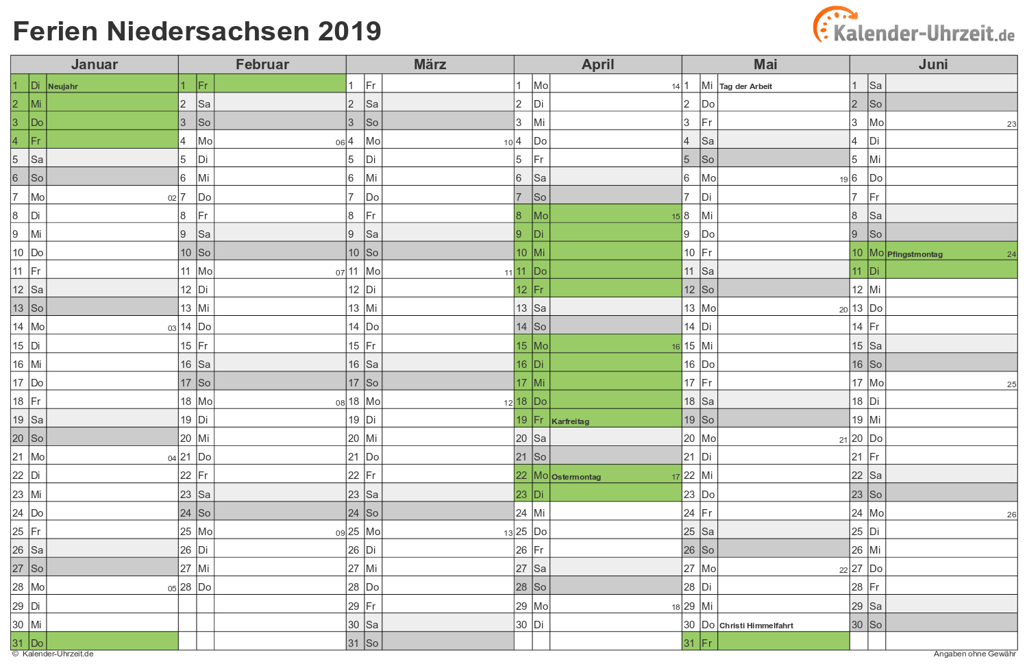 Ferien Niedersachsen 2019 - Ferienkalender zum Ausdrucken
