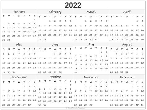 2022 Calendar Overview Printable
