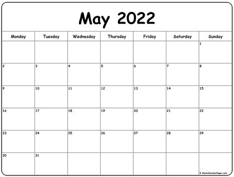 May 2022 Calendar Monday Start