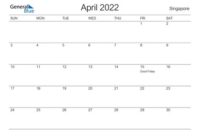 April 2022 Calendar Singapore