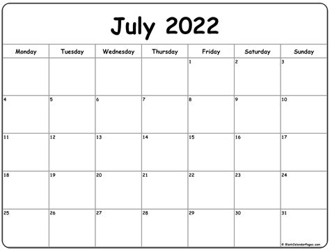 July 2022 Calendar Monday Start