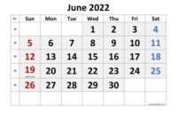 Calendar June 2022 Editable